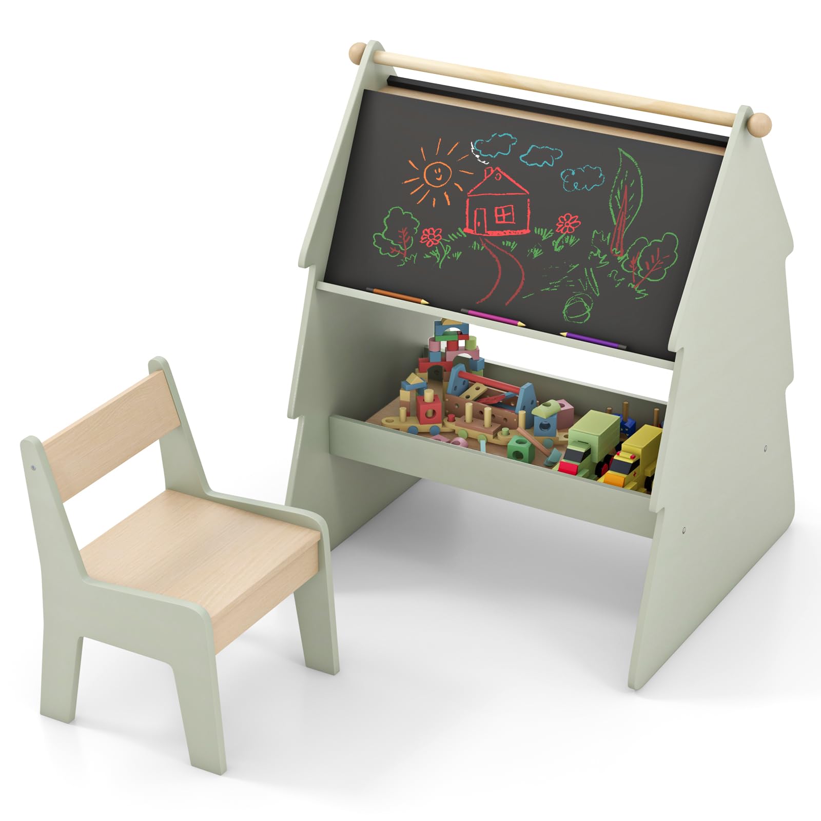 COSTWAY Kids Art Easel with Stool, Double-Sided Chalkboard, Paper Roll Holder, Storage Rack, Wooden Toddler Painting Easels for Boys Girls