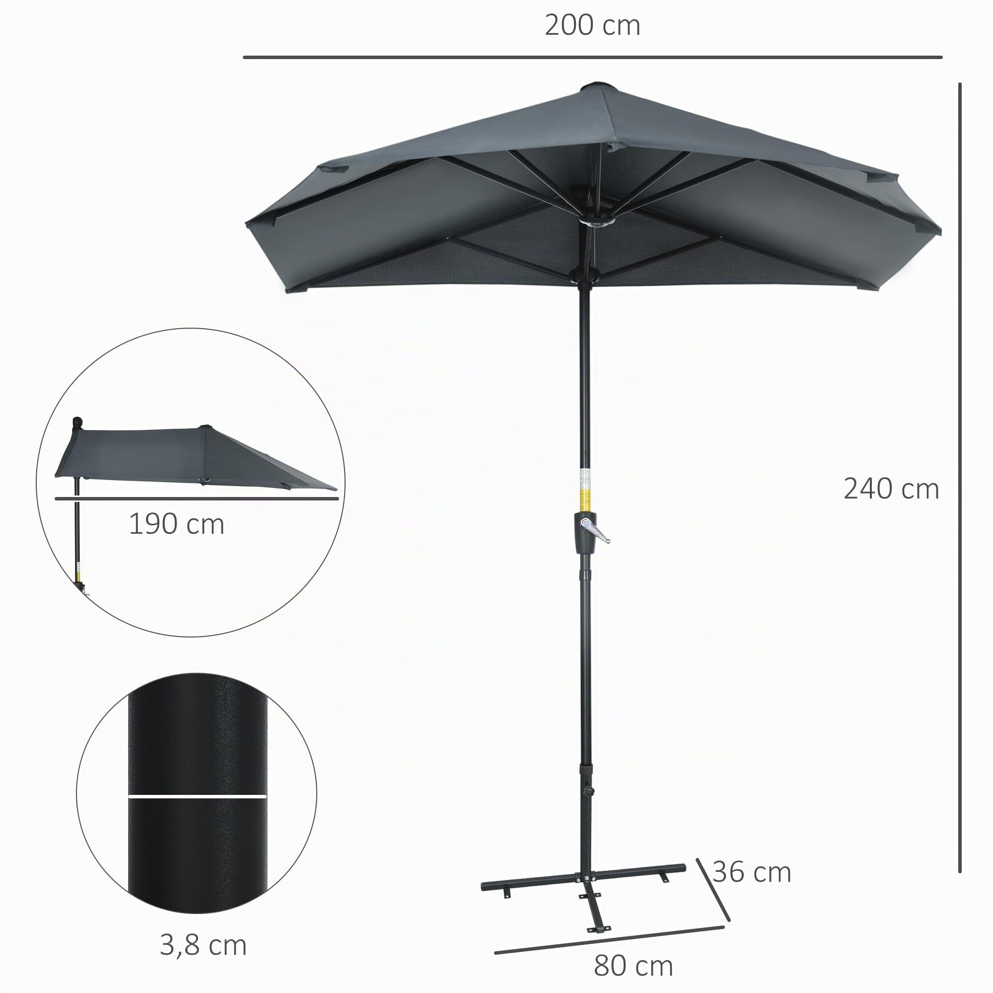 Outsunny Sombrilla de Pared Jardín con Manivela 200x190x240 cm | Parasol de Terraza, Poste de Acero, Base Cruzada, Anti-UV, para Terraza Balcón