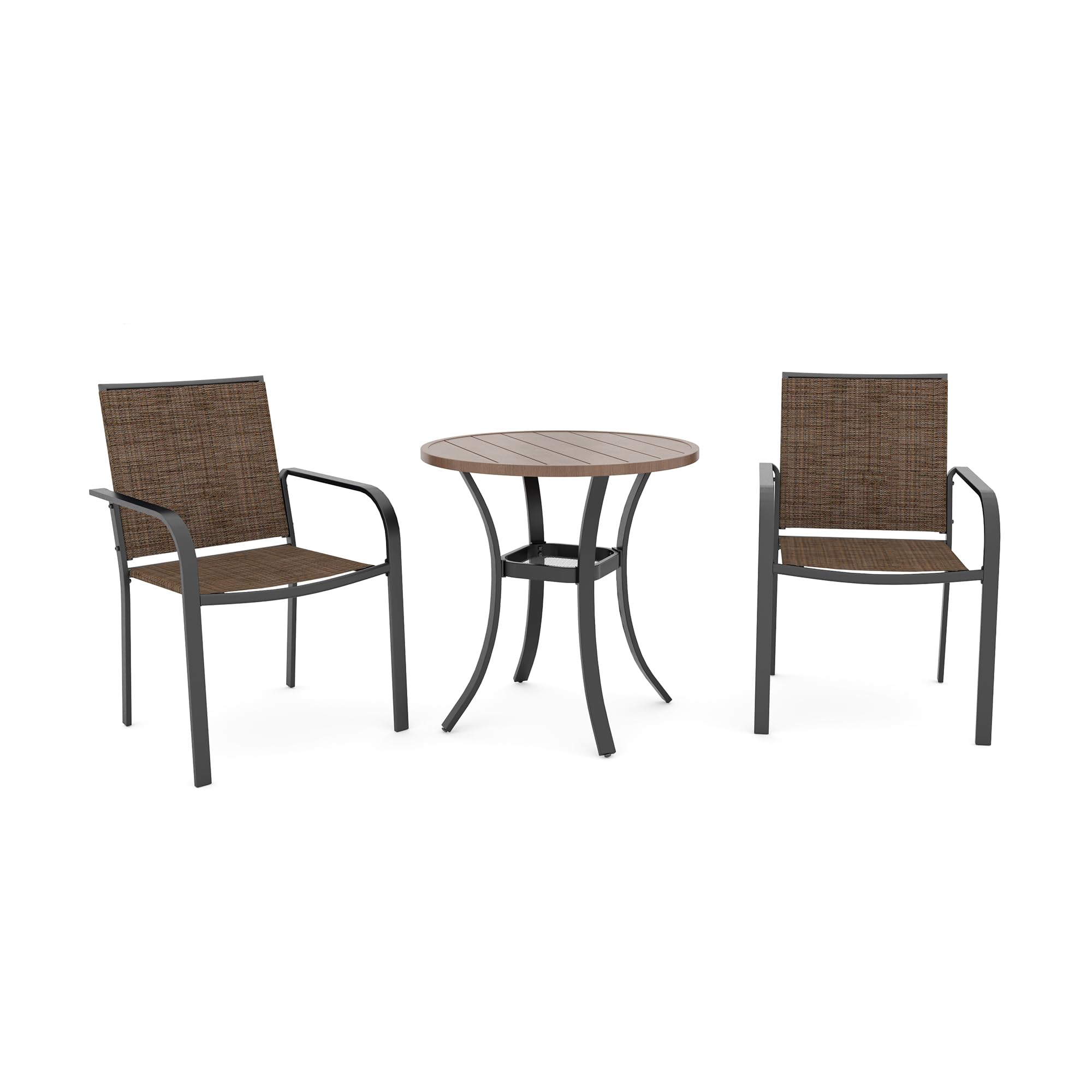 Anmutig Outdoor Bistro Set for 2, Stackable Chairs &amp; Metal Table, Brown