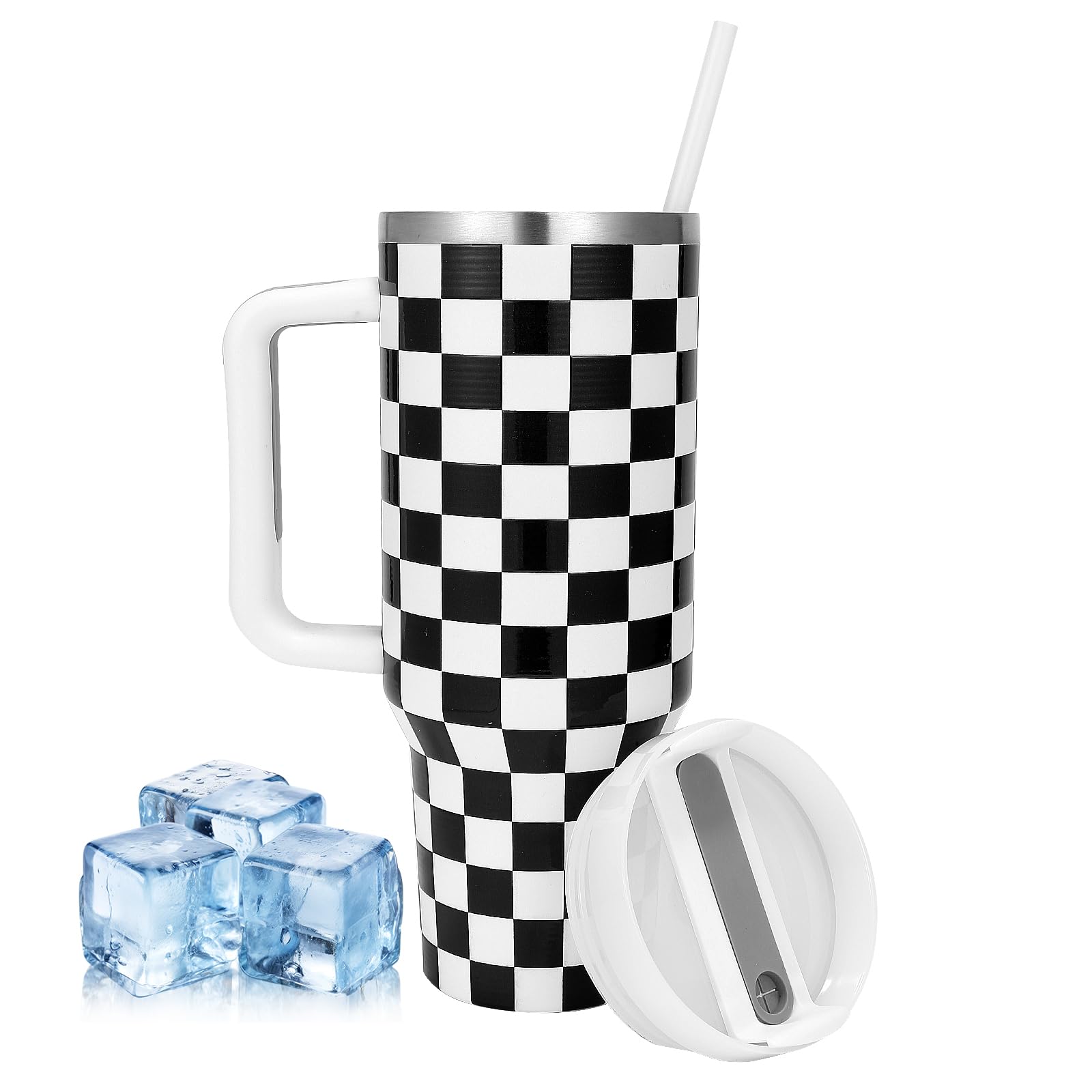 40OZ Black and White Checkered Tumbler with Handle, Checkered Gifts for Women Men Boy Girl, Vacuum Insulated Checkerboard Travel Mug for Checker Lovers, Stainless Steel Black White Checker Racing Cup