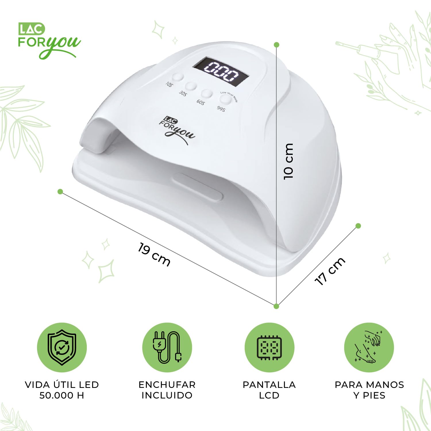 LAC FOR YOU Lampara Uñas Semipermanentes 36 LED UV LED 365/405 nm – Lampara UV Led Uñas Compacta con 4 Temporizadores Low Heat, Base Extraíble, Pantalla LCD - Nail Lamp Secador Gel