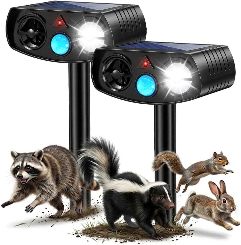 OUTDOLL Solar Animal Repeller Outdoor, Motion Activated Ultrasonic Pest Deterrent with LED Light, Waterproof Repellent for Yard Garden, Raccoon Squirrel Rabbit Cat Dog, 2 Pack