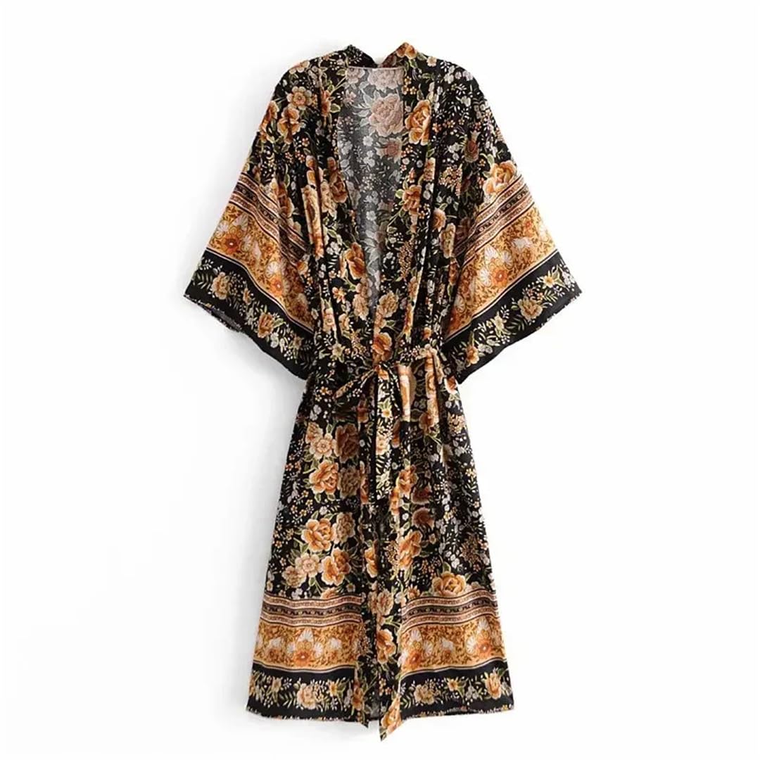 Fusciacche con stampa floreale bohémien vintage da donna kimono maniche a pipistrello maxi abito bikini