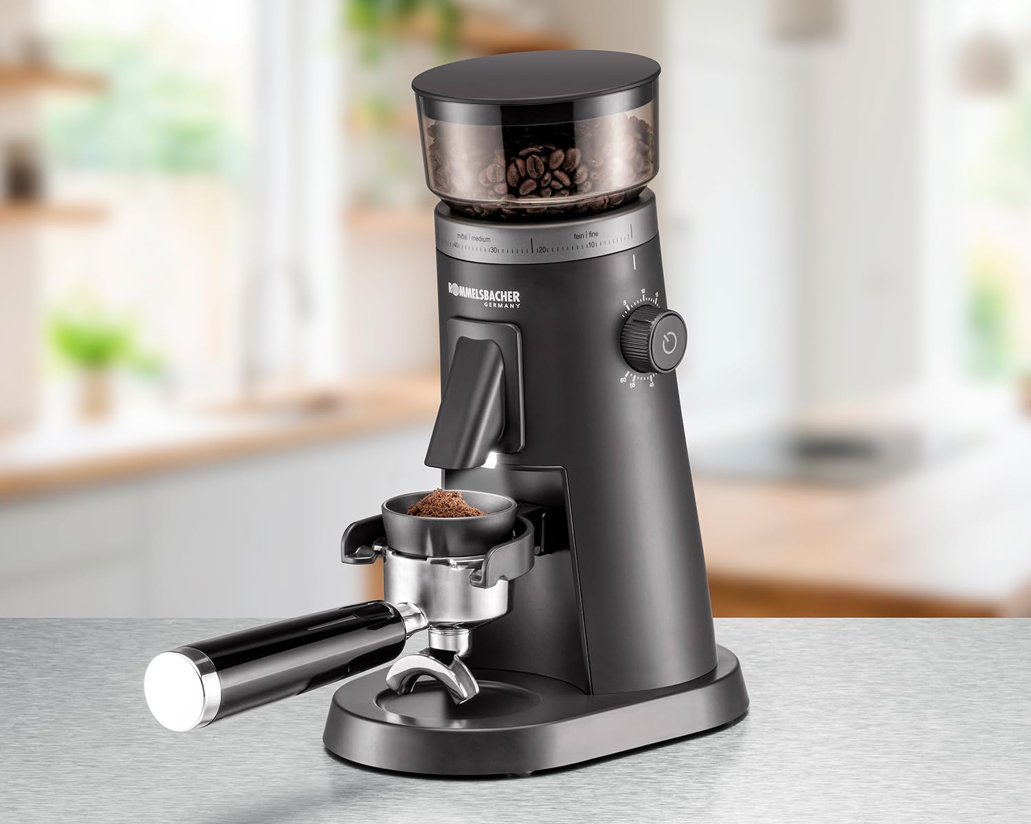 ROMMELSBACHER Molinillo de café Premium EKM 600, mecanismo de acero inoxidable con engranaje de metal resistente para molienda de alta homogeneidad, espacio muerto optimizado con fuelle adicional, 75