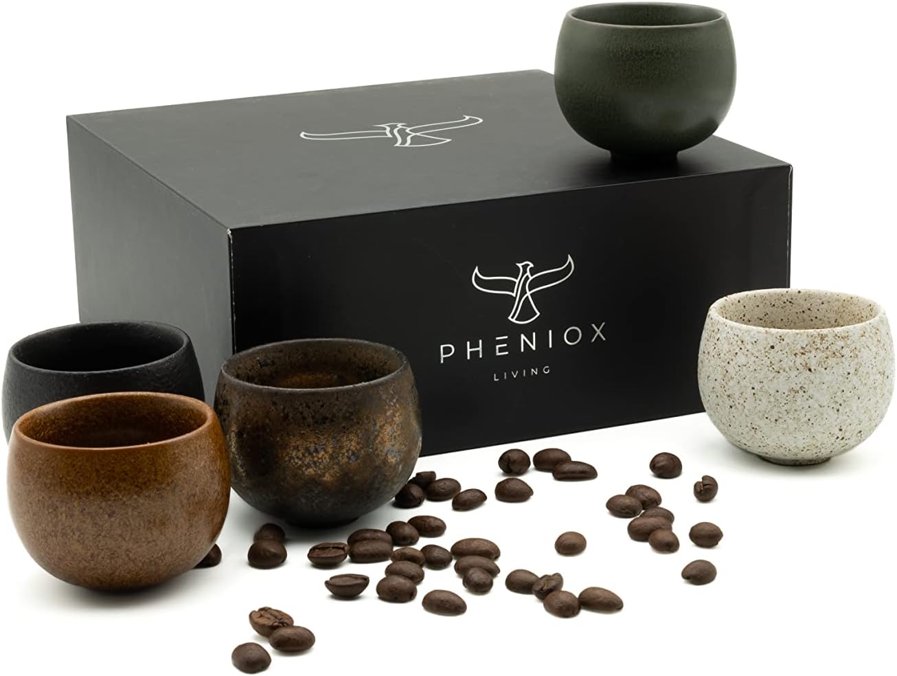 Pheniox 4 mokkassen van aardewerk, 4 x 120 ml, zonder handvat, vaatwasmachinebestendig, magnetronbestendig, geschenkdoos