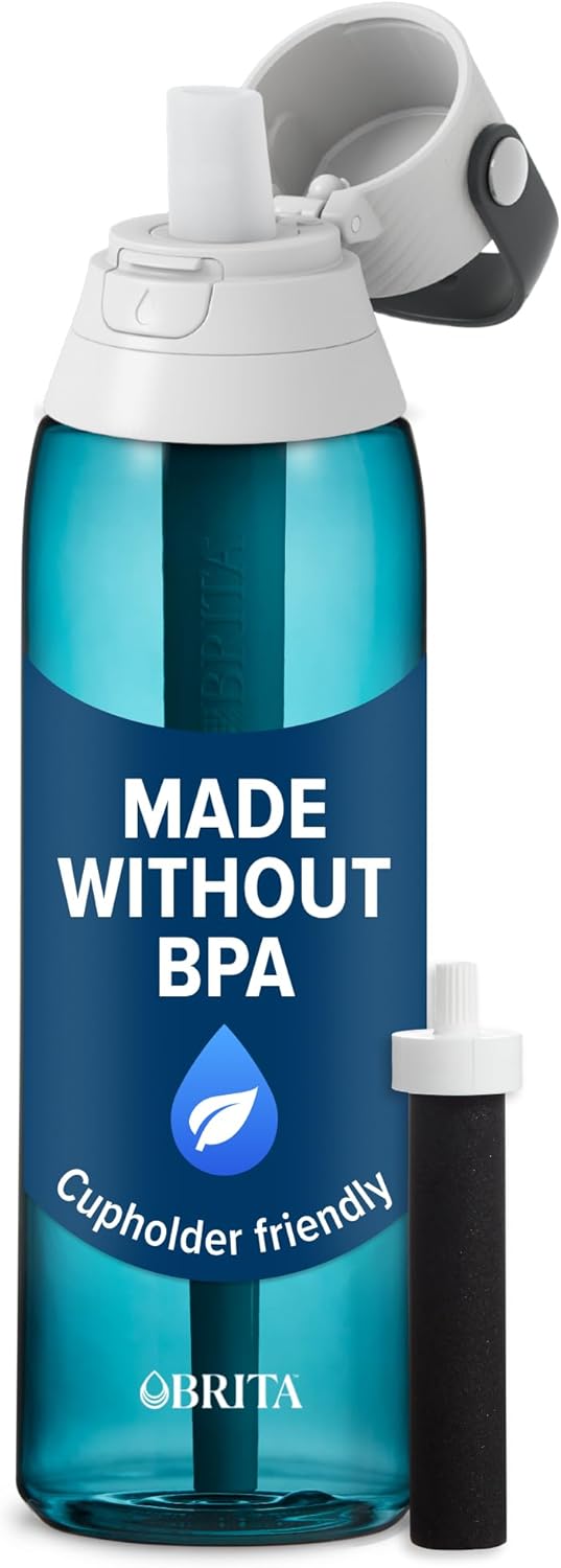 Brita Hard-Sided Plastic Premium Filtering Water Bottle, BPA-Free, Reusable, Replaces 300 Plastic Water Bottles, Filter Lasts 2 Months or 40 Gallons, Includes 1 Filter, Sea Glass – 26 oz
