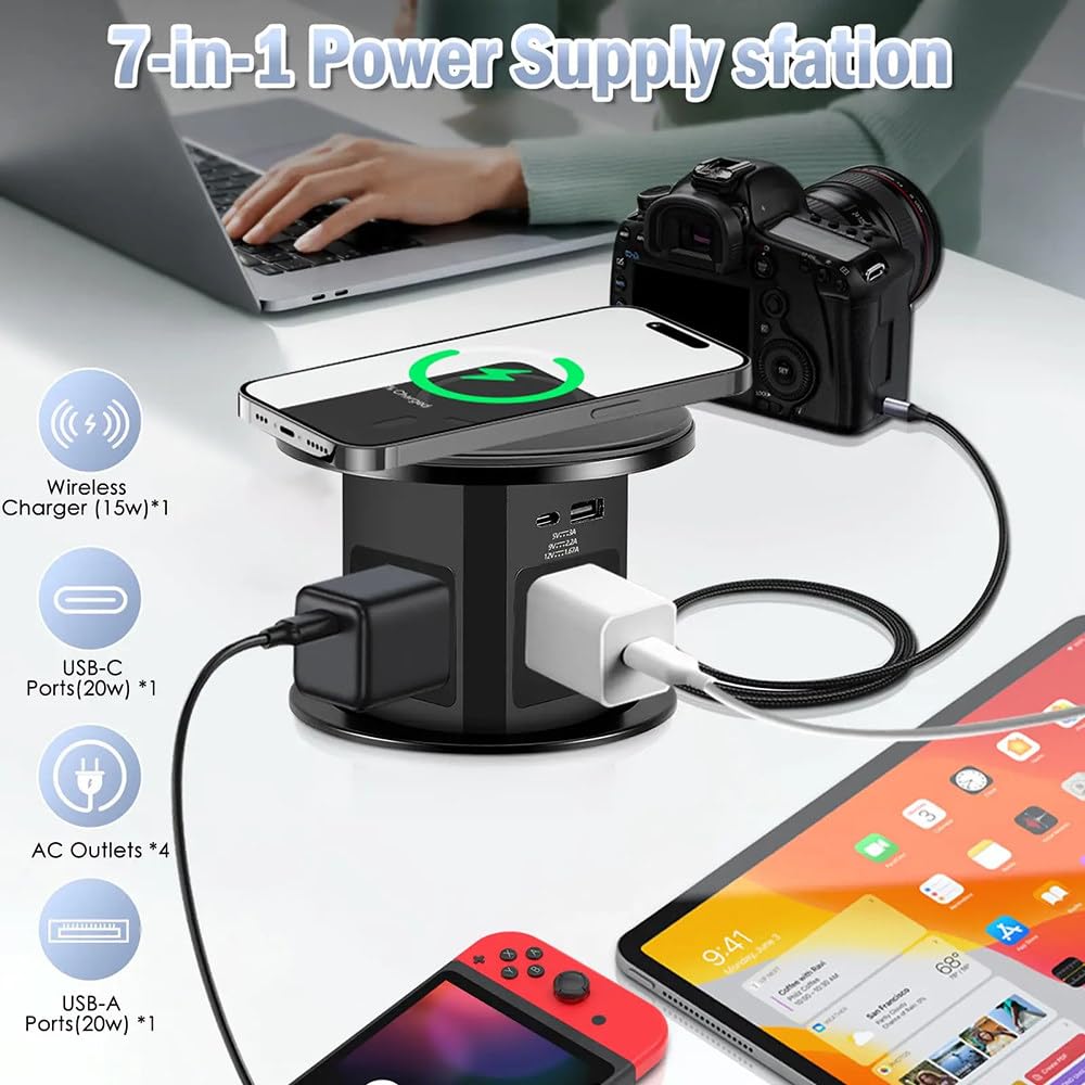 Gniazdka Wysuwane Do Blatów Kuchennych,Inteligentne Podnoszenie,Z Ładowarką Bezprzewodową 15W,Z 4 Gniazdami Ac,Portami Usb-C + Usb-A,Ukryta Konstrukcja,Hydrauliczne Gniazdo Podnoszące C