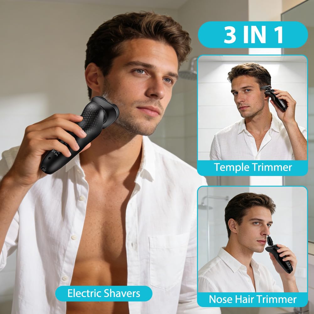 Aolso Afeitadora Eléctrica Hombre,3 in1 Afeitadora Eléctrica,Máquina de Afeitar Barba con Cortapatillas,Shave IPX6 Seco Húmedo Afeitadoras Hombre con Cabezal Flotante 4D para Padre,Novio,Marido o Hijo