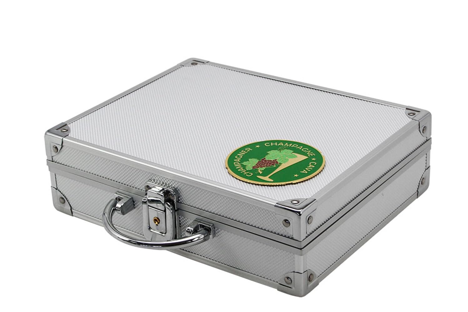 SAFE162 Mallette en aluminium pour 150 capsules de champagne | Incl. 5 Tableaux en velours bleus | Avec serrure et poignée de transport | Mallette de collection | 250 × 215 × 70 mm