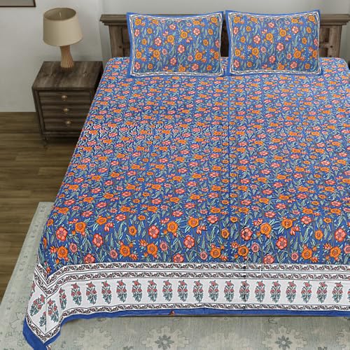 Image of Living Roots Jaipuri Hand Block Print Double Cotton Bedsheet & 2 Pillow Covers, for Mattress Upto 8 inches Thick, No Colour Bleeding, Yellow Colour, Super King Size 96 * 104 inches, 150TC (577-C)