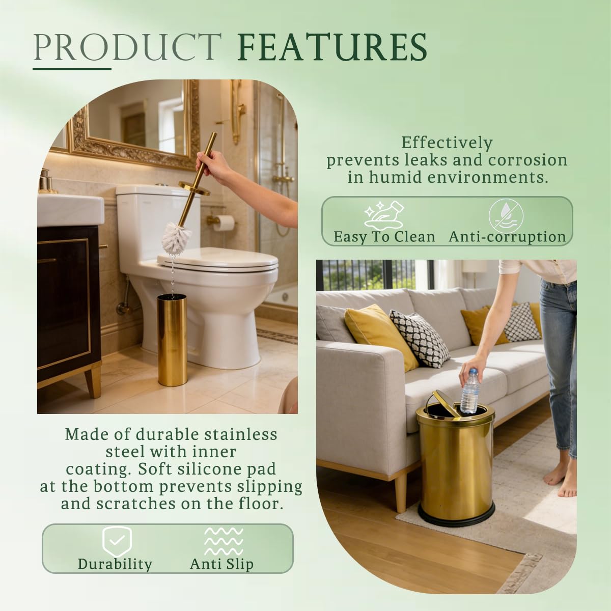 2 Pcs Gold Bathroom Trash Can with lid and Gold Toilet Brush Set,2.4 Gallon Flip Top Golds Trash Can Bathroom,Stainless Steel Golds Toilet Brush Set for Bathroom,Bedroom and Office