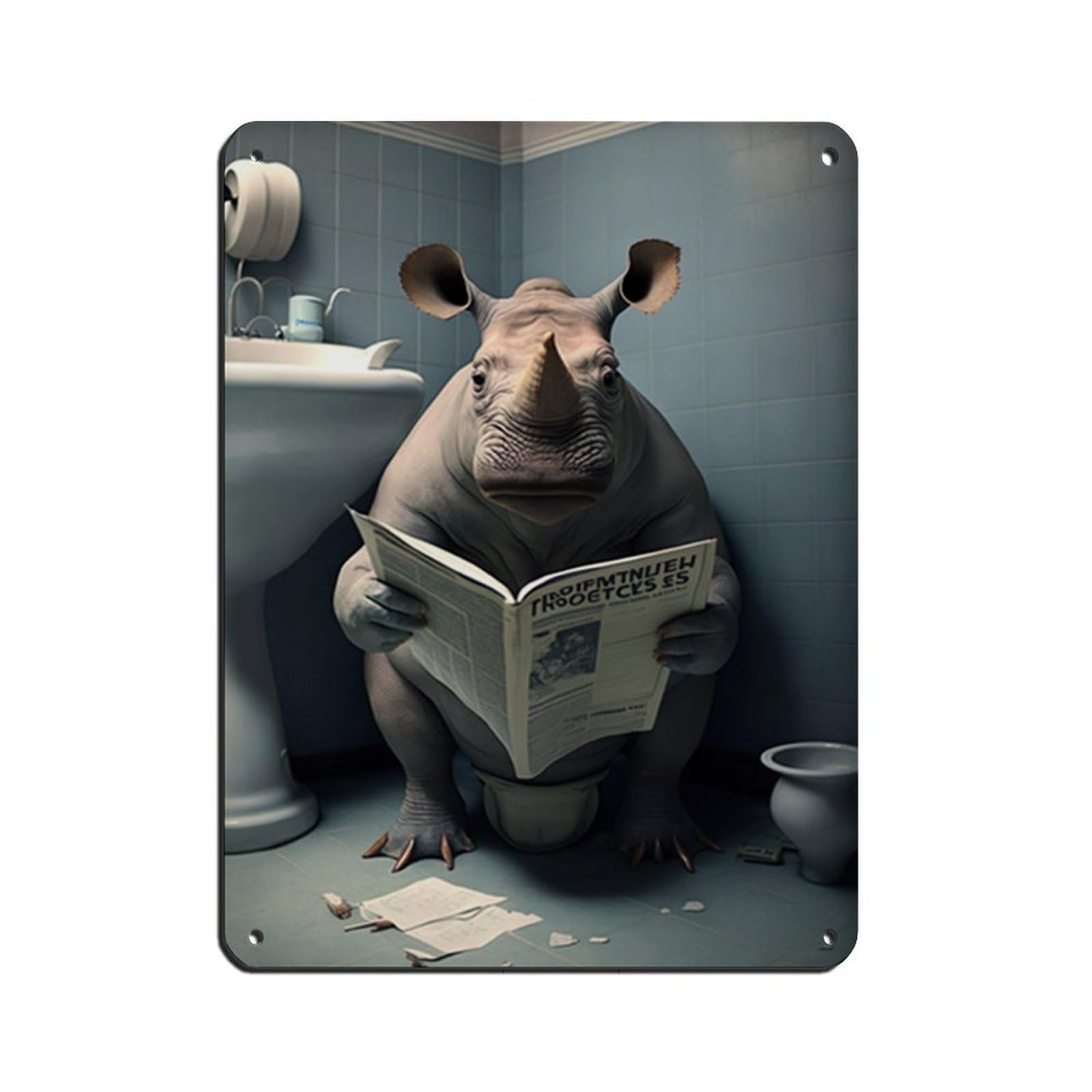 Lxwnze 30L X 40W Cm Rhino Sitting On The Toilet Reading A Newspaper (2) Retro Poster Metal Tin Sign Chic Art Retro Iron Painting Bar People Cave Cafe Family Garage Poster Wall Decoration 12X16inch(30X40cm)
