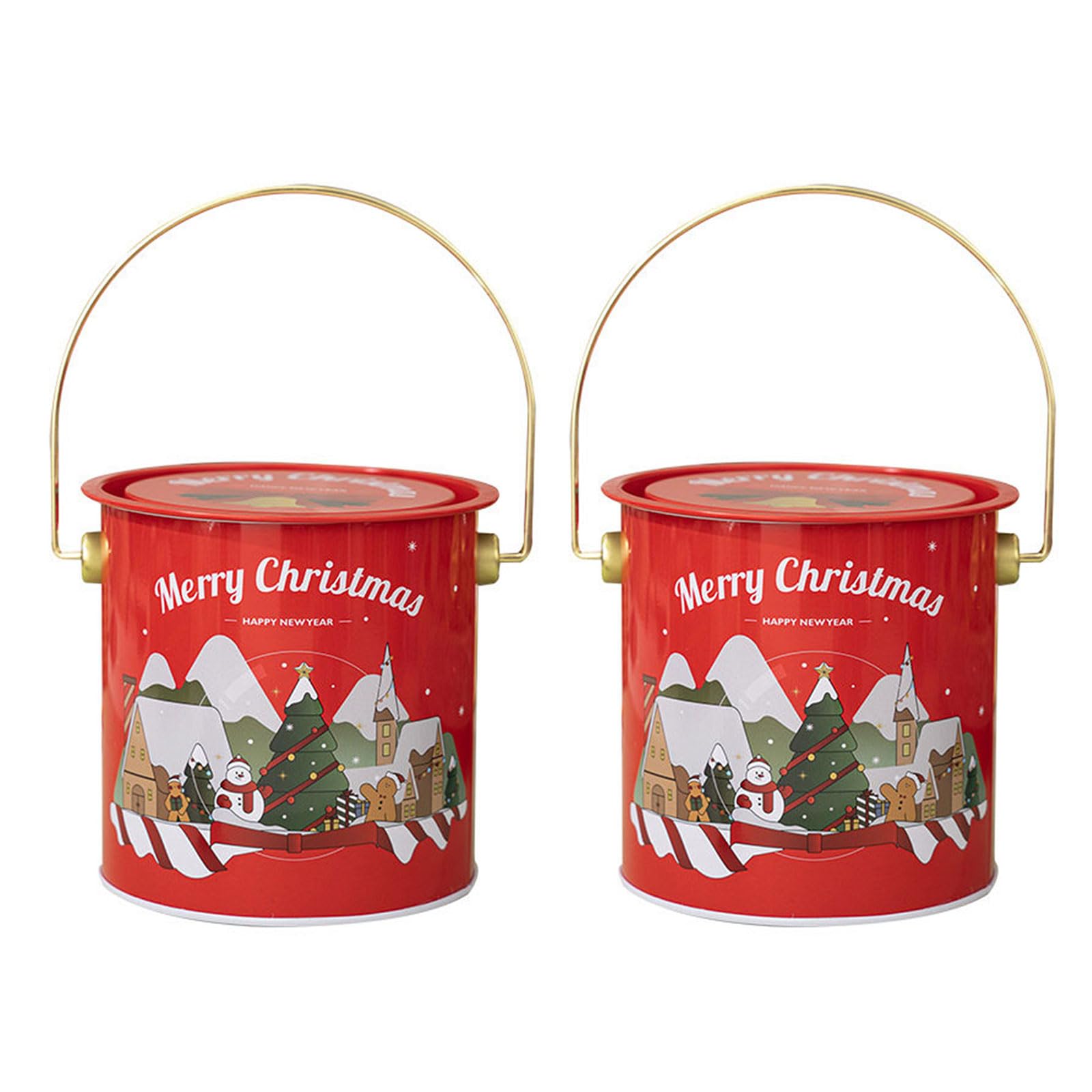 Tsophreniq 2pcs Christmas Treat Container with Carry Handle Handheld Tinplate Round Bucket Sweets Tins Candies Storage Organizers Storage Container