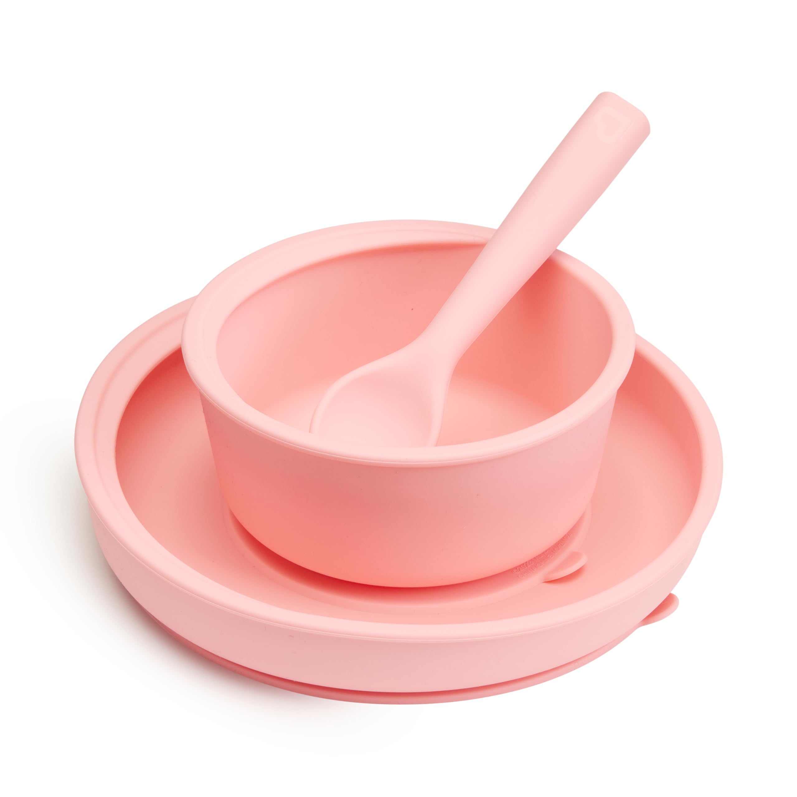 Munchkin Silicone Baby Feeding Set, Toddler Suction Bowl, Plate and Spoon, Baby Led Weaning and Infant Self Feeding, C’est Silicone! Mealtime Set, 4 Months and Up, BPA Free, Coral