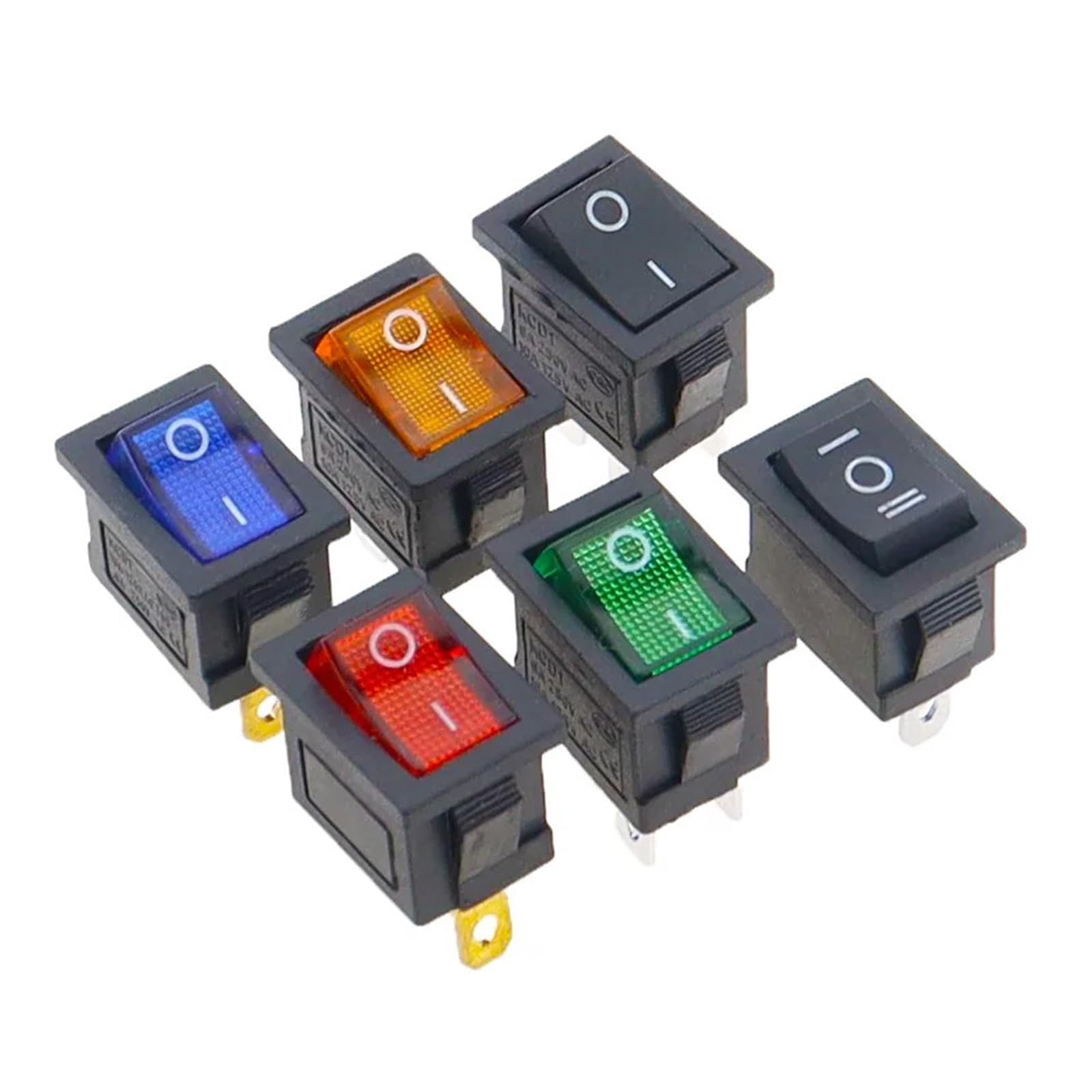 TSIOHKBS 5 PCS/LOT KCD1 3 4 Pin 21 * 15mm ON-Off Boat Car Rocker Switch 6A/250V AC 10A/125V AC with Red Blue Green Yellow Light Switch (5PCS Red,4PIN)