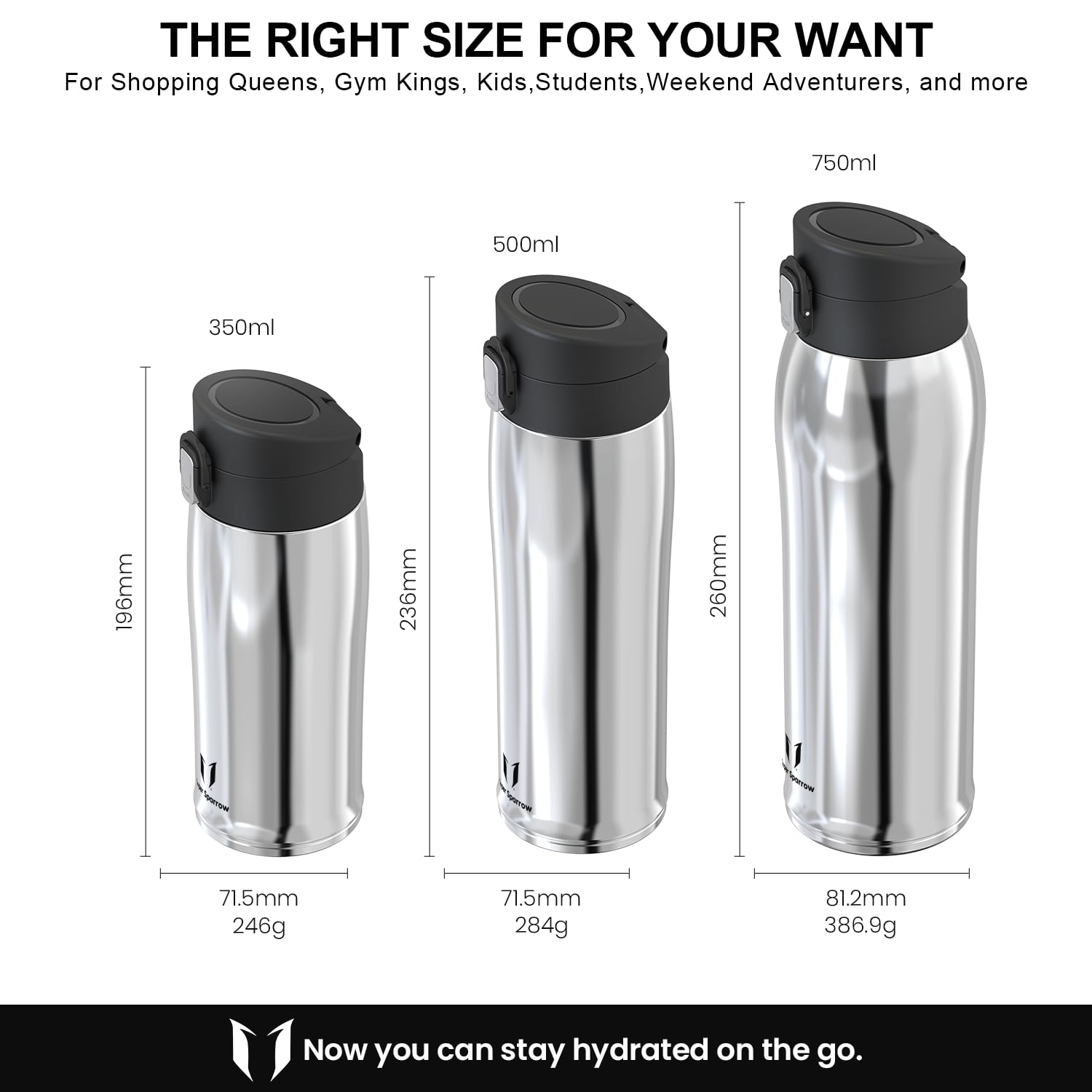 Super Sparrow Borraccia Termica, Acciaio Inox Bottiglia Termica - 350ml, 500ml, 750ml - Senza BPA Tazza Termica, Borraccia Termica per Bambini, Scuola, Sportiva, Bici, Campeggio, Palestra