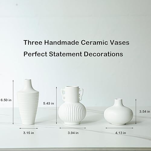 Miniatura 3 de Porceluxe Juego de jarrones de cerámica blanca acanalada, juego de 3 jarrones decorativos para decoración moderna de granja, sala de estar, estante,