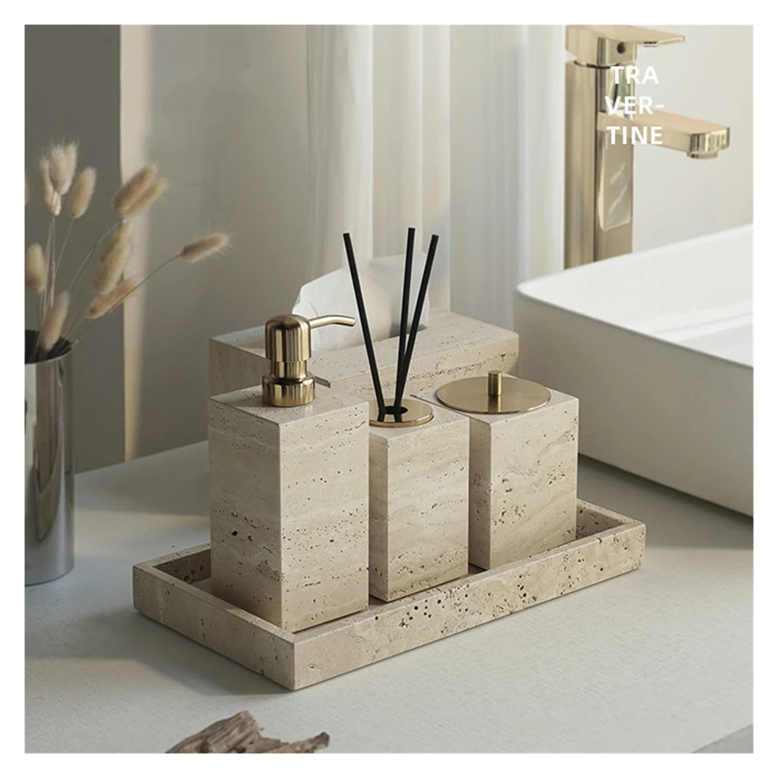 Badezimmer Set Badezimmerset aus Travertin | Luxuriöser Seifenspender, Taschentuchbox, Waschtisch-Tablett, Zubehör(Cup)