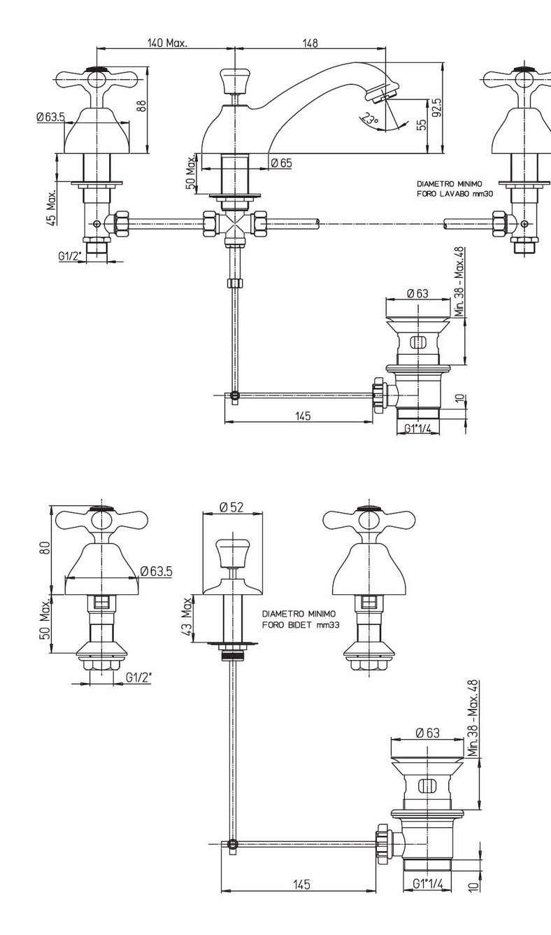 Rubinetto Bidet e Lavabo set completo bagno batteria 3 fori e piletta Paini Liberty manopole a stella stile classico e retrò