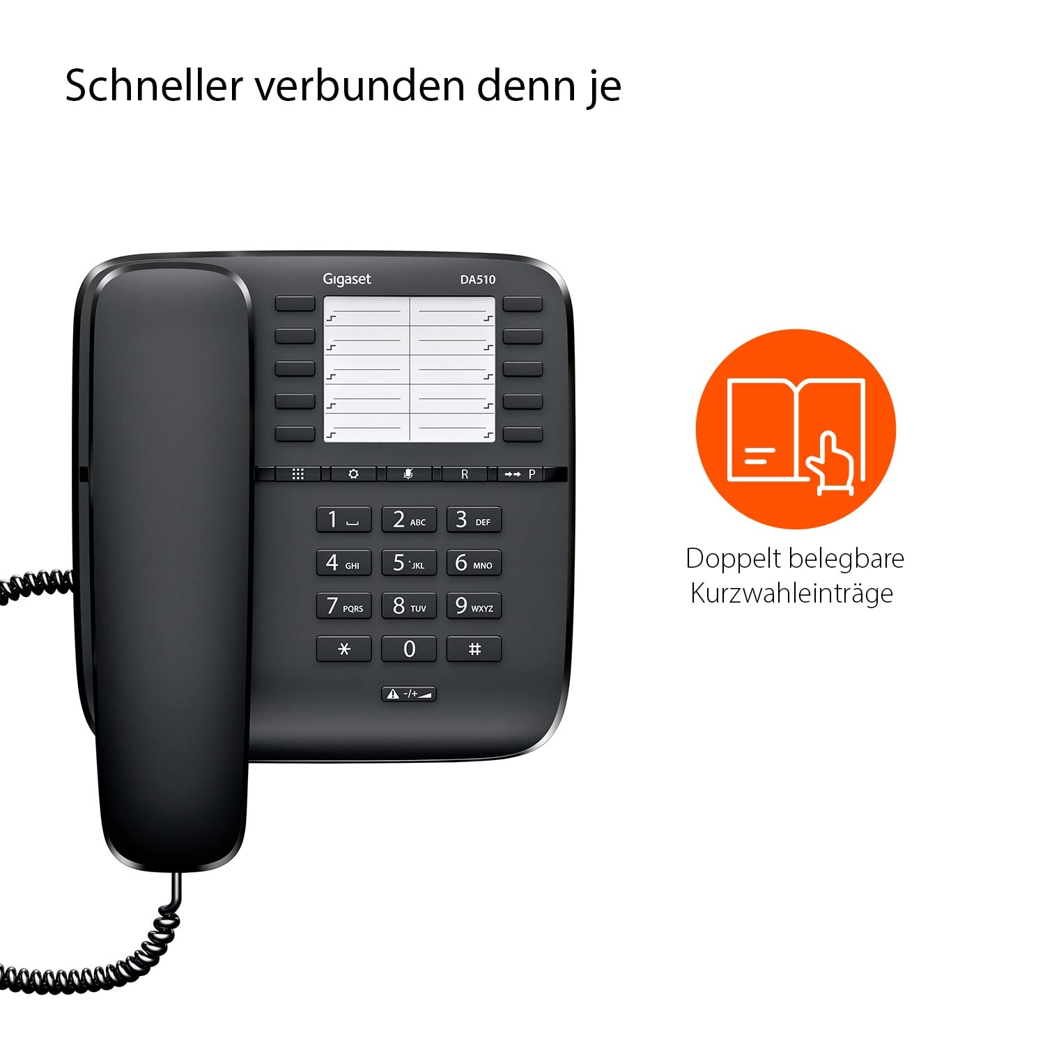 Gigaset DA510 - Schnurgebundenes Telefon mit praktischer Anrufanzeige - Kurzwahleinträge - großes Telefonbuch - Stummtaste mit Wartemelodie - Anrufsperre und Tastensperre, schwarz
