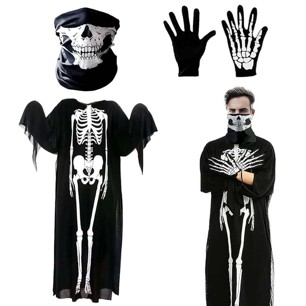 MIFKLMV Halloween Horror Costumes, Adults Kids' Skeleton Costumes, with Spooky Scream Masks, Bone Gloves & Jumpsuits