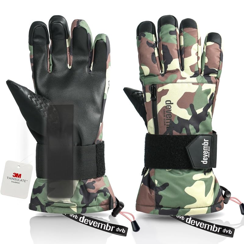 devembr Gants de Snowboard avec Protège-Poignets, Gants de Ski à écran Tactile, Imperméables, Camouflage, M