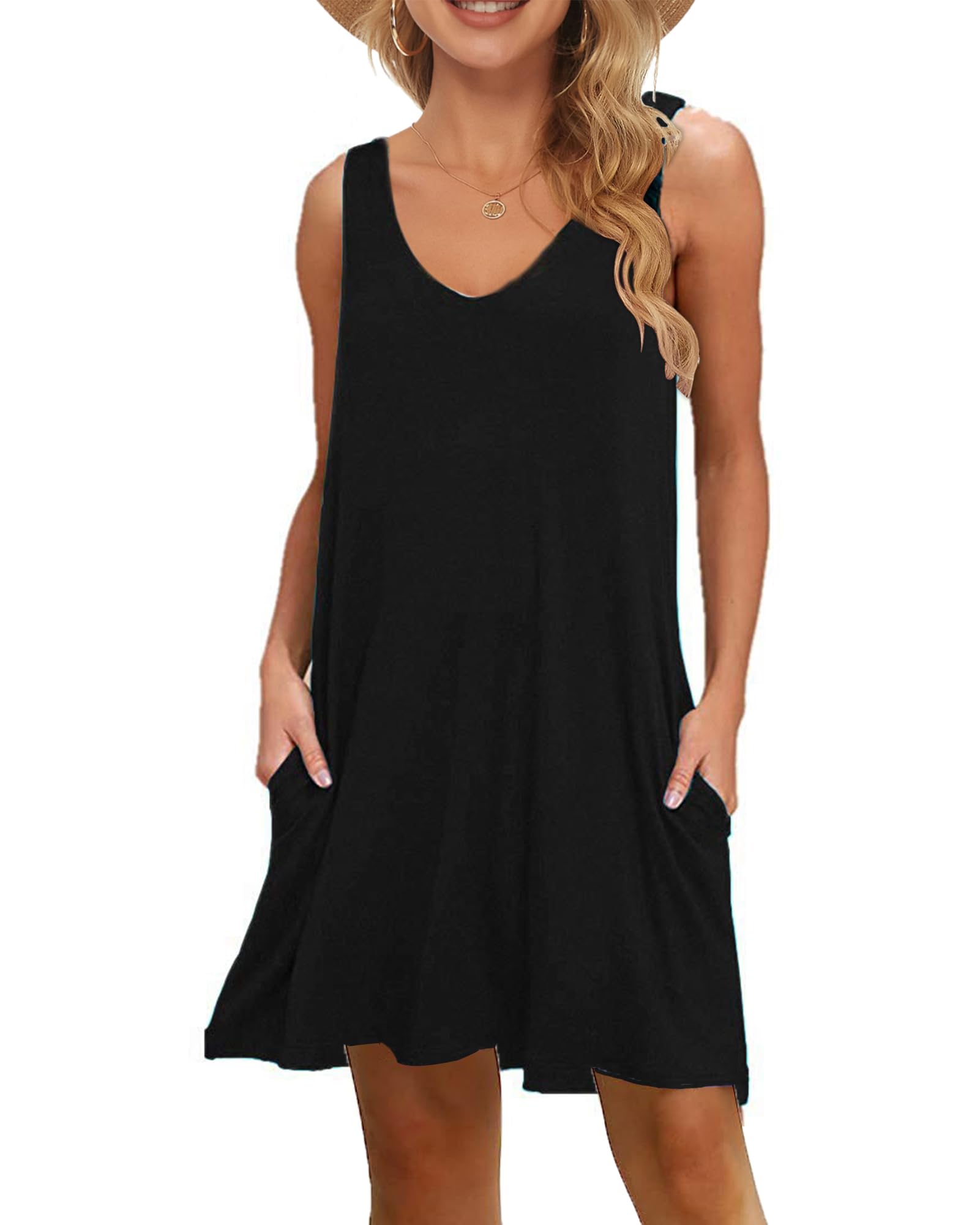 WNEEDUWomen's Summer Beach Dresses Casual Sleeveless Cover Ups V Neck Swing Tank Dress wtih Pockets, Black, M
