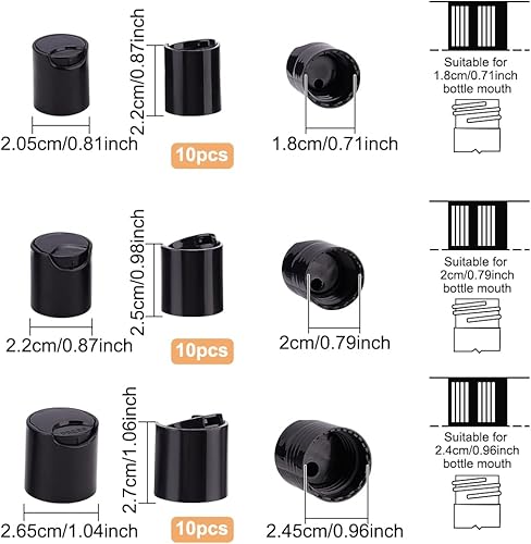 Miniatura 2 de BENECREAT 30 tapas de prensa de plástico PP, 3 tamaños negros de repuesto con cierre superior de disco dispensador, cierre de botella de loción para
