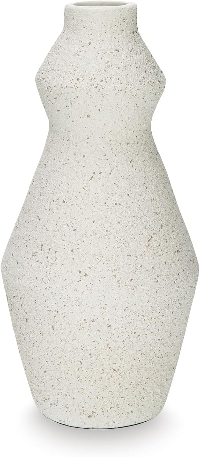Signature Design by Ashley Modern Speckled Cream Terra Cotta Vase, 14 Inch | Speckled cream finish on modern hourglass shape, Ideal for dried faux florals and living room decor, Dawthorne Series