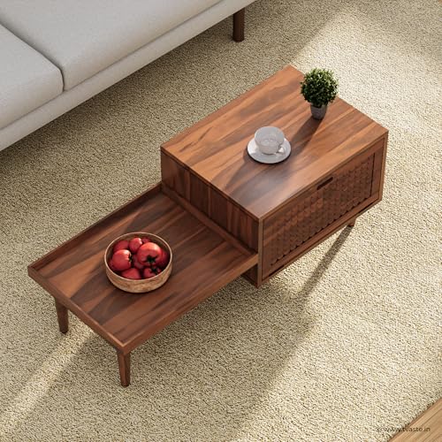 Image of KOVA Solid Sheesham Wood Coffee Table & Centre Table for Living Room with Lift-Down Shutter Storage and Open Side Tray (Wavy, Honey Finish)