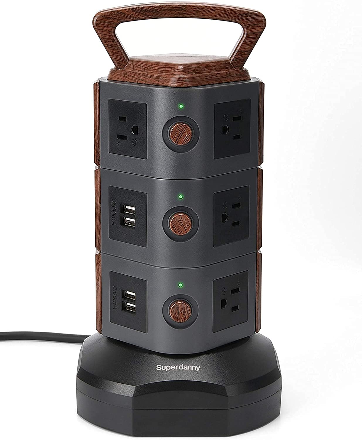SUPERDANNYSurge Protector Power Strip Tower with 4 USB Ports, 6.5 Feet Extension Cord with 3120W 13A 10 AC Widely Multiple Outlets, UL Certificated, ETL Listed, Black Wood, 2022 Upgraded