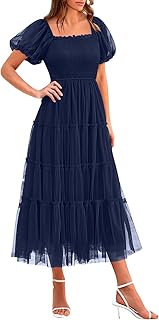 Women's Smocked Midi Tulle Dress 2025 Summer Puffy Short Sleeve Square Neck Dress Ruffle Wedding Guest Party Dresses