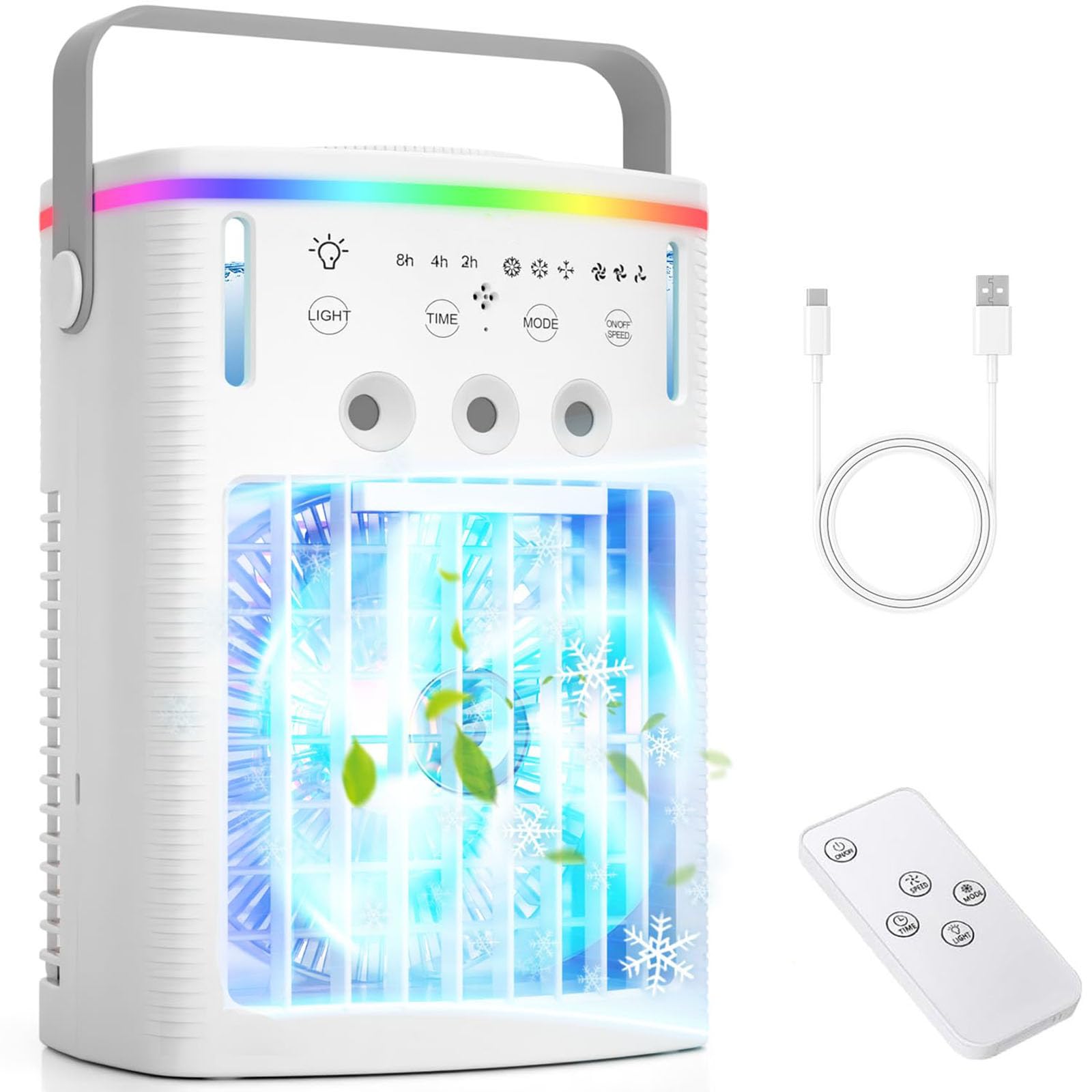 Raffrescatore D'aria Evaporativo Portatile con Telecomando, Serbatoio D'acqua da 1000Ml, Ventilatore a 3 Velocità, 3 Impostazioni del Timer e Luce Led a 7 Colori per Casa, Ufficio e Dormitorio