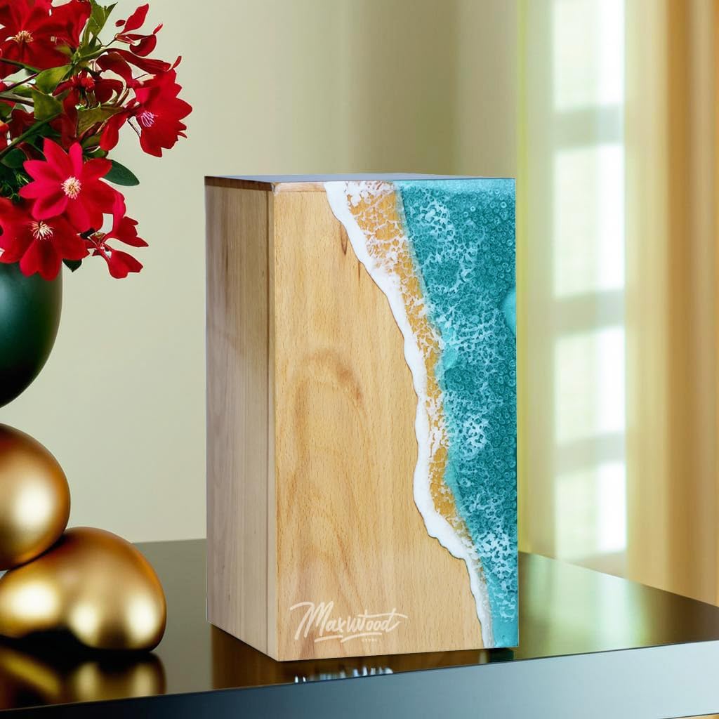 Beach Wood Urn Box with Resin Ocean Wave Design – Handmade Memorial Box for Ashes – Unique Wooden Cremation Urn with Coastal Theme (L (11"X6"X6") 250 Cubic Inches)