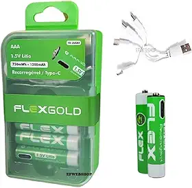 4 Pilhas Recarregáveis Flex AAA 1.5V de Lítio 1200mAh com Carregamento Direto via Cabo USB-C e LED Indicador de Carga mais Case Porta Pilhas