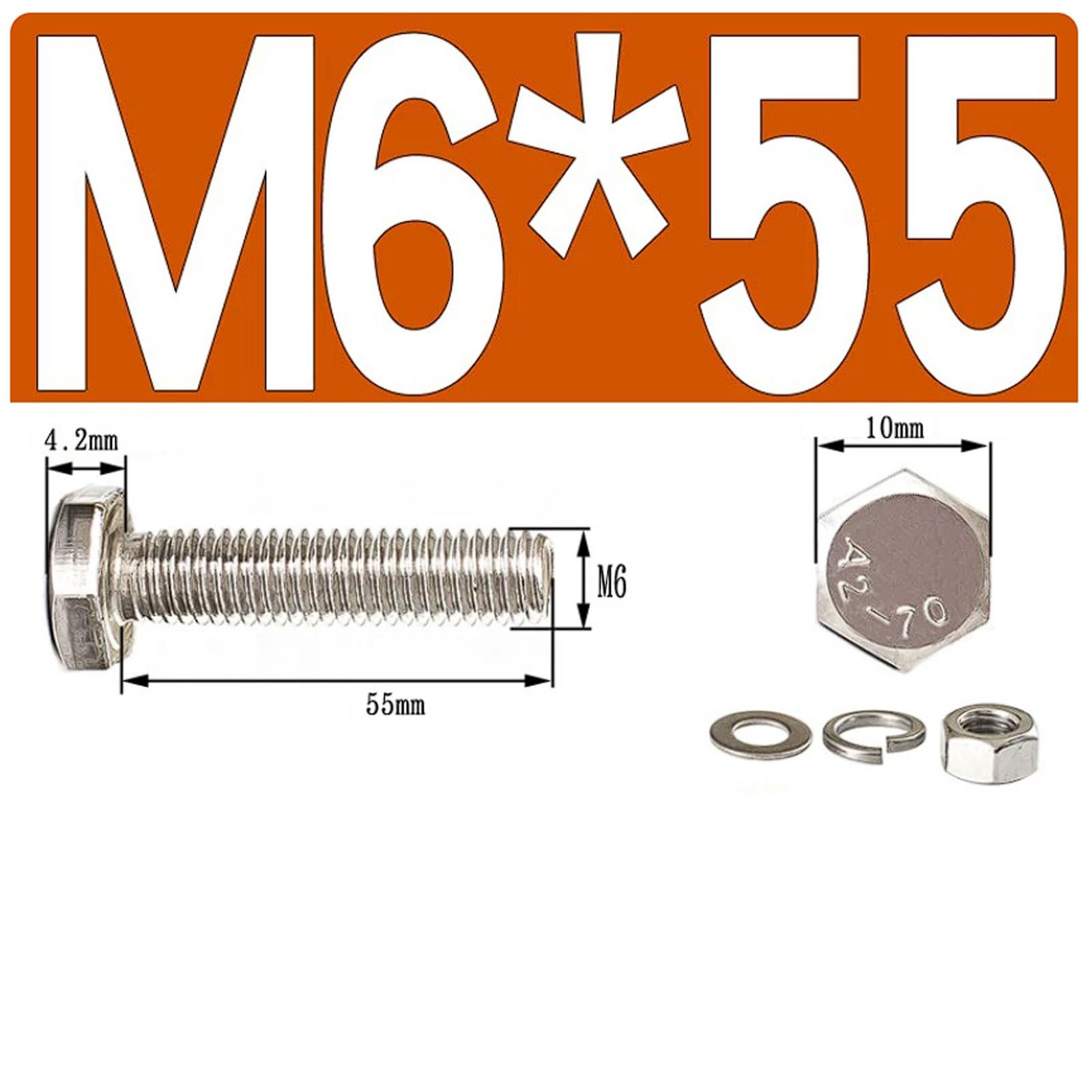 Kit de tuercas y pernos cabeza hexagonal M6 acero inoxidable 201 con arandelas, 100 juegos, juego completo sujetadores, surtido hardware(M6*55 (100 sets))
