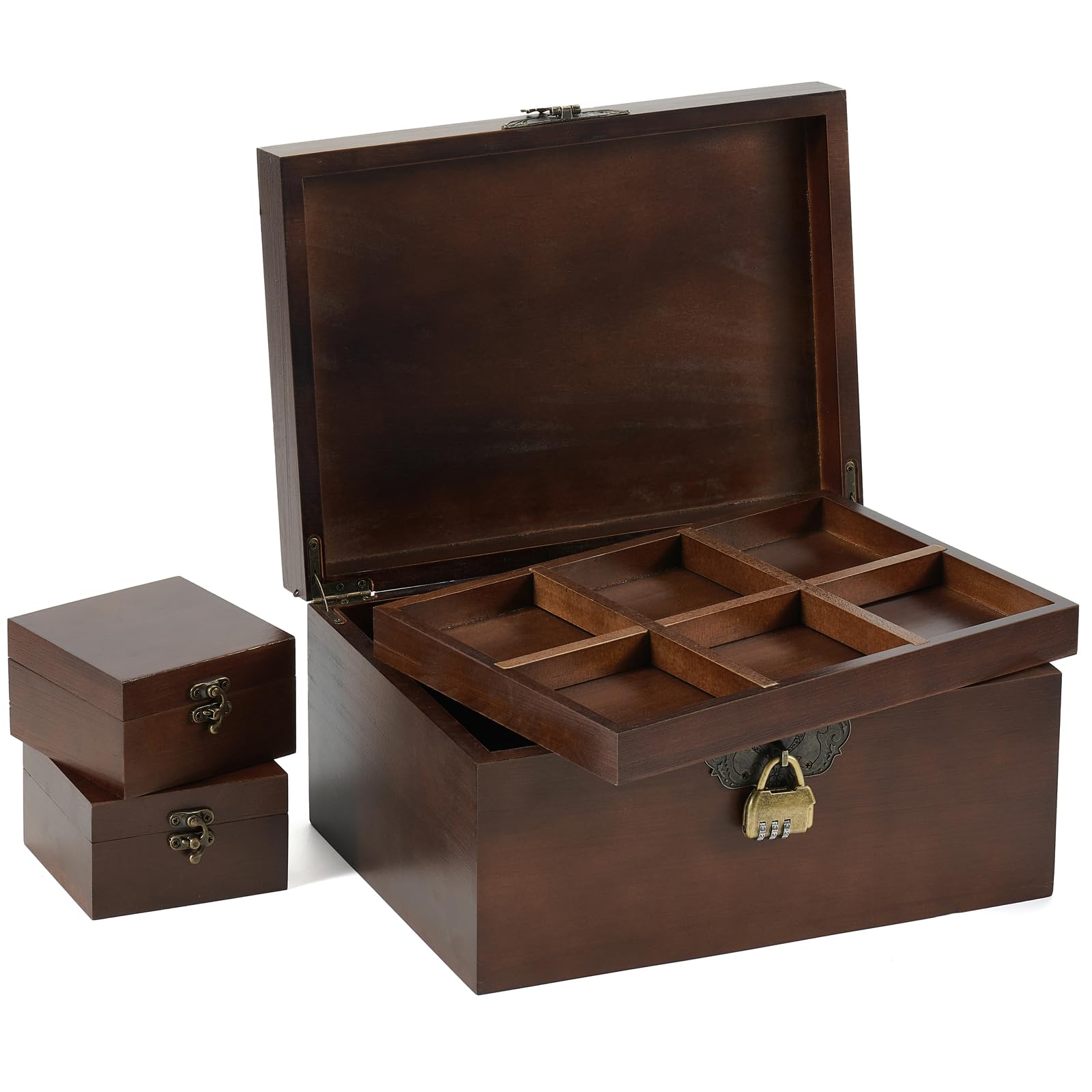 VinneGenzz 3PCS Wood Storage Boxes Set with Hinged Lid Combination Lock Decorative Keepsake Memory Large Wooden Basket Jewelry Chest Vintage Organizer Container with PU Leather Handle Adjustable Tray