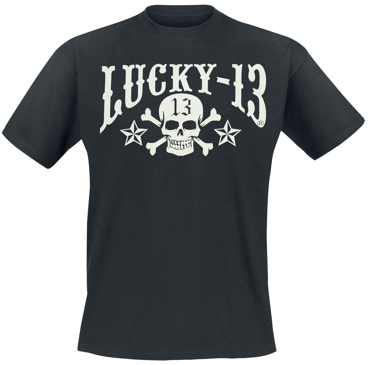 Lucky 13 T-Shirt Skulls Stars Tee Solid Black - Black - L