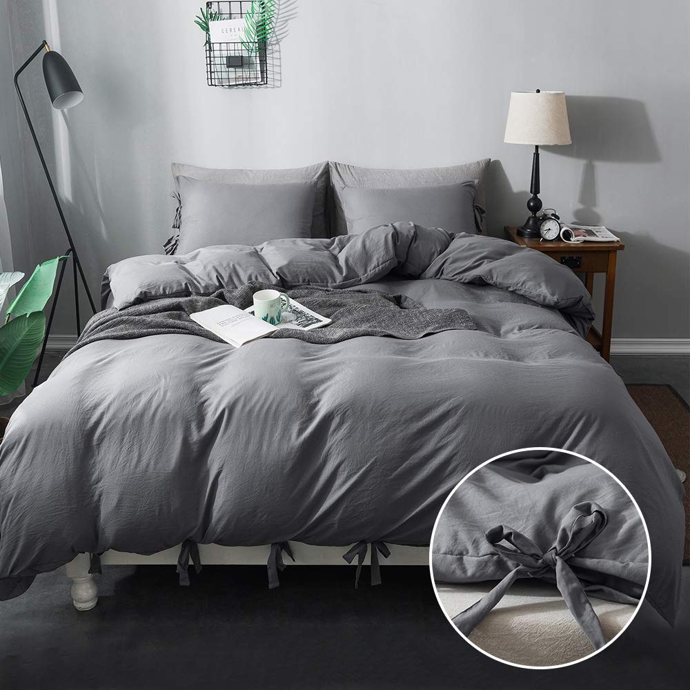 annadaif Dark Grey Duvet Cover Queen Size, 3 Pieces Soft Washed Microfiber Duvet Cover Set, Comforter Cover with Bowknot Bow Tie (1 Duvet Cover 90x90 Inch, 2 Pillowcases) Easy Care Bedding Set