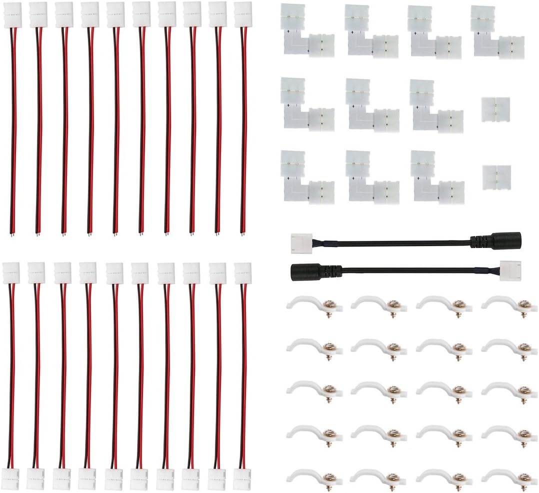 iCreating LED Strip Connectors 2 pin, 10mm LED Light Connectors Kit Includes L Shape LED Connectors for Strip Lights, LED Light Strip Connectors for Adapter, LED Lights Connector with Wire