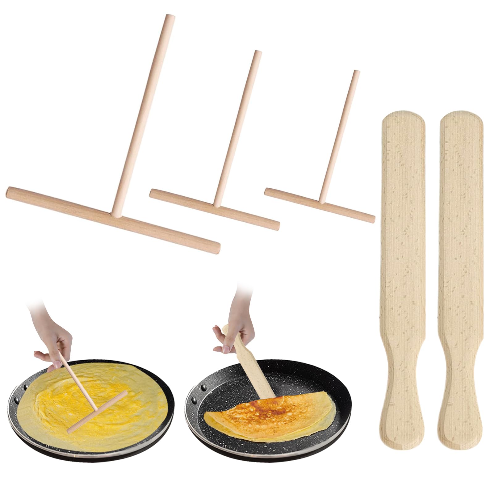 IETWATE Crepes Verteiler Holz Set 5 Stück Crepes-Wender und Crepes-Verteiler, Crepes Maker Zubehör aus Buchenholz 30 cm für Pfannkuchen Zuhause Küche Backen Kochen Backwerkzeuge