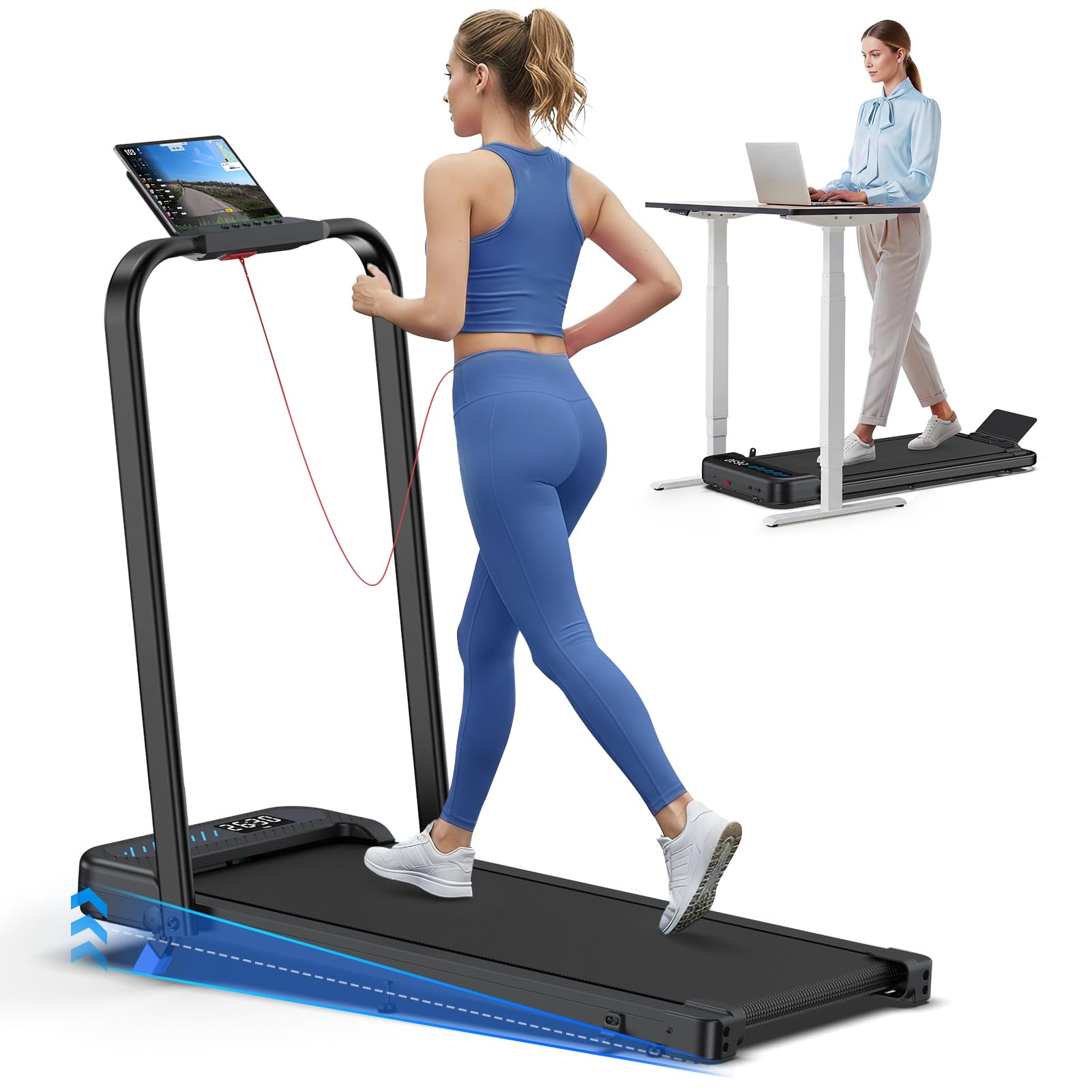 Laufband für Zuhause Klappbar, 4 in 1 Walking Pad mit Steigung, 3.0PS Klappbares Laufband für Zuhause & Büro mit LED-Anzeige, Leise Schreibtisch Laufband, APP, Bis 150 kg, Keine Installation, Schwarz