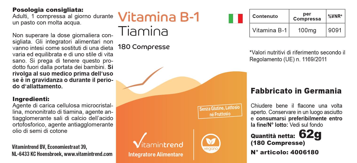 Vitamintrend Vitamine B1 hautement dosée 100 mg, 180 comprimés, thiamine, complément alimentaire vegan sans additifs, fabriqué en Allemagne