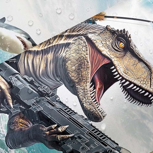 Image of Funny Cat Dinosaur Shower Curtains, Fun Cat Fishing Riding Dino Fighting on Blue Ocean Shower Curtain Sets with Hooks, Waterproof Fabric Kids Men Cool Bath Curtain for Bath Decor, 72x72 Inches