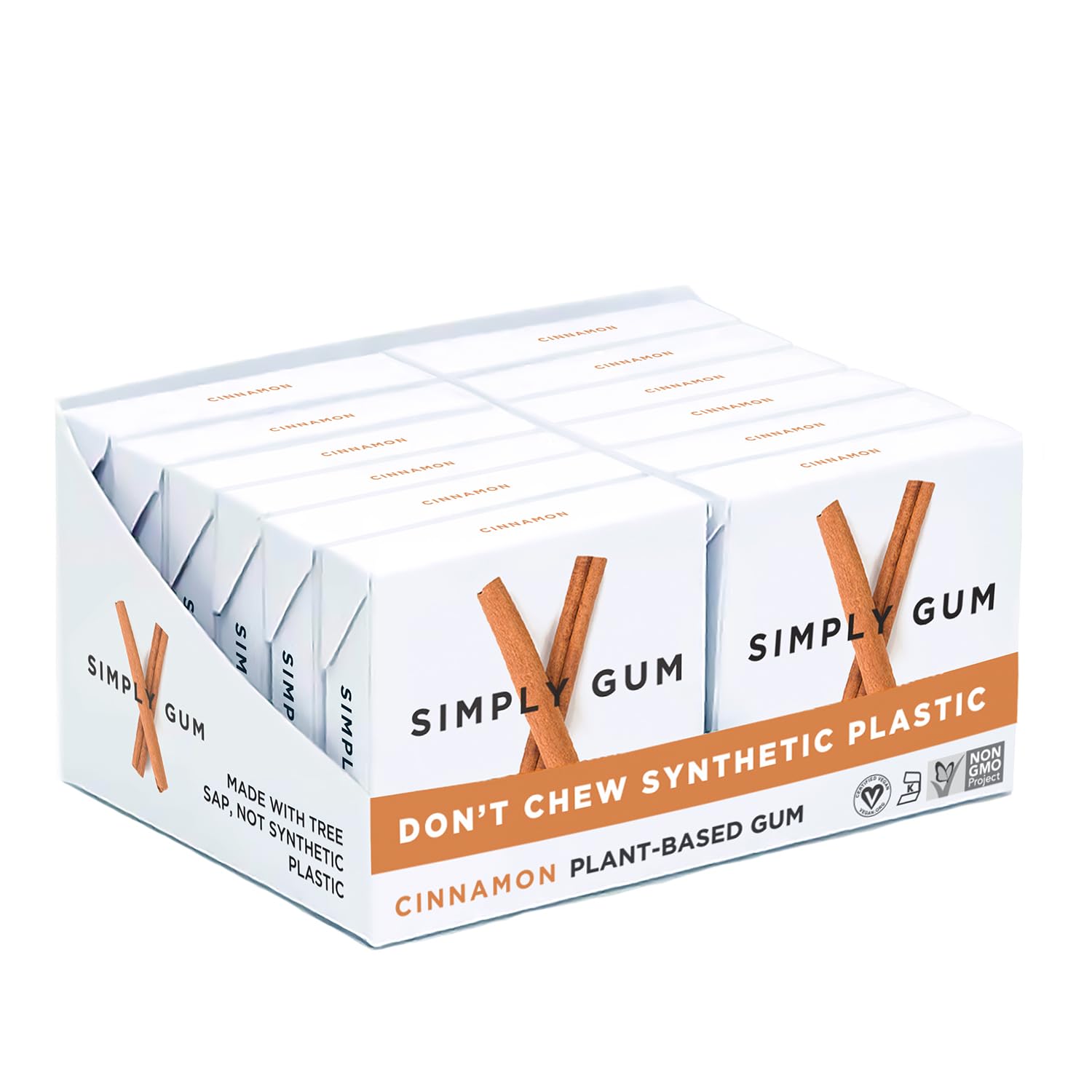 SIMPLY Gum Cinnamon, Plastic-Free Natural Chewing Gum, 12 Pack (180 Pieces) | Vegan, Kosher, Non GMO, Aspartame Free and Sorbitol Free