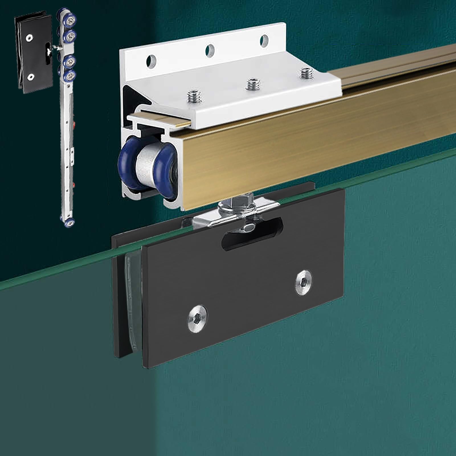 Wall Hanging Glass Sliding Door Track with Soft-Close Damper, Pocket Door Hardware Kit with Black Glass Clamp, Frameless Shower Door Rail(Champagne,260cm/8.5ft)