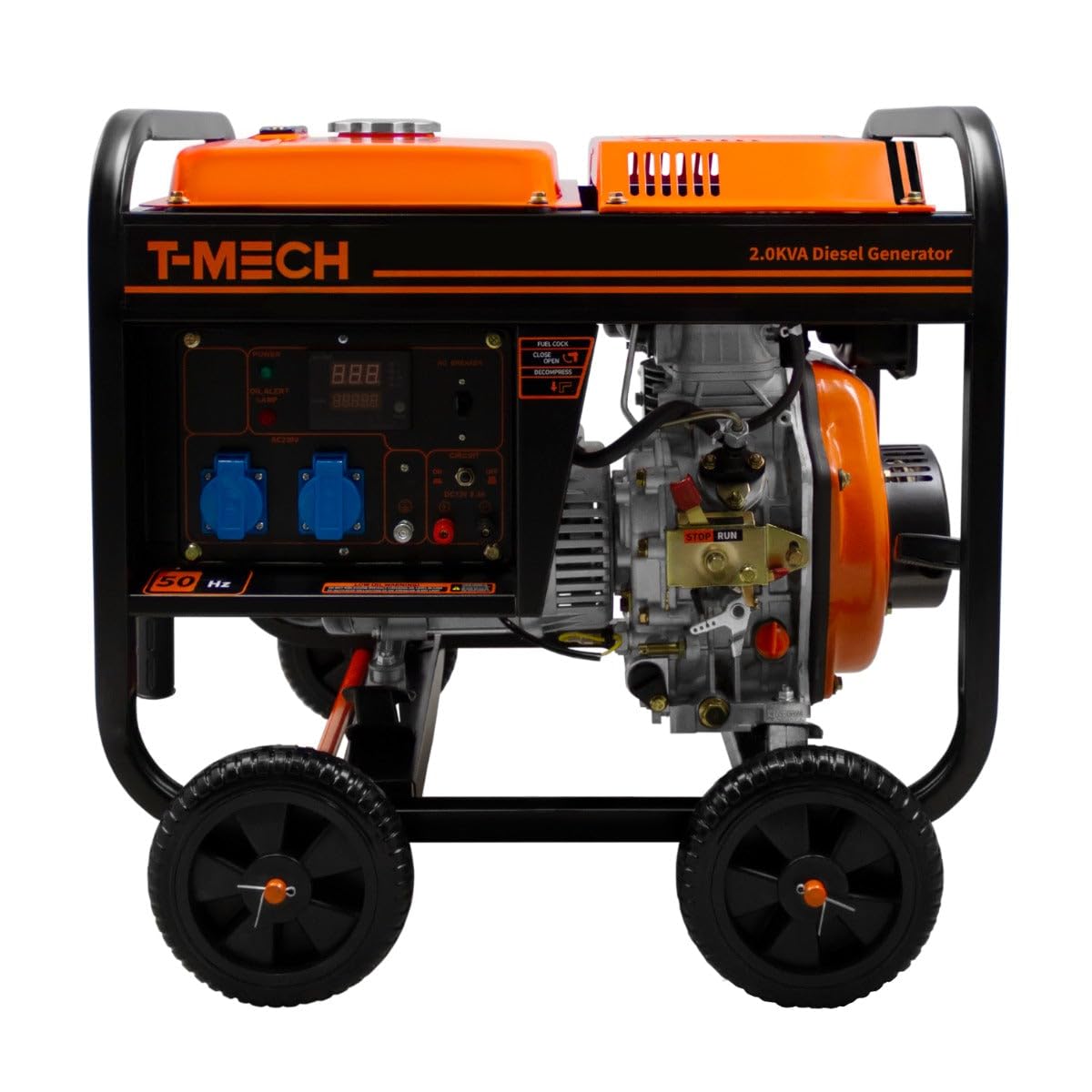 Portable Diesel Generator Open Frame 2kVA 230V 6HP 3.8kW 5 in 1 Digital Display Single Phase Manual Start Emergency Power AC DC Output Powder Coated Steel 12.5L Fuel Capacity Wheels Tool Kit & Funnel