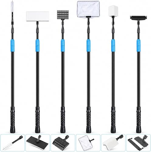 AquaMiracle 6 in 1 Aquarium Cleaning Tool Kit Fish Tank Cleaning Kit for 20-160 Gallon Tank with Telescopic Long Handle, Algae Scraper, Scrubber Pads, Tube Cleaner, Fish net, Gravel Rake