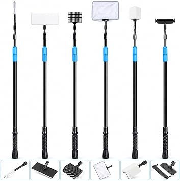 AquaMiracle 6 in 1 Aquarium Cleaning Tool Kit Fish Tank Cleaning Kit for 20-160 Gallon Tank with Telescopic Long Handle, Algae Scraper, Scrubber Pads, Tube Cleaner, Fish net, Gravel Rake