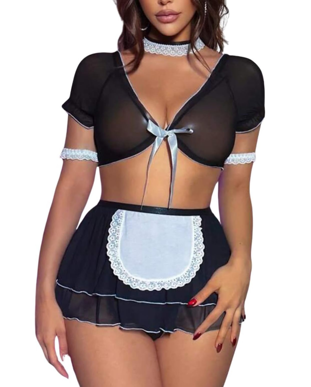 LUXZII Sexy Babydoll Dress for Women – Sheer Black Mesh Babydoll Dress with Lace Trim & Apron Style Skirt | Romantic Honeymoon Outfit (Black-Free Size)-image-31